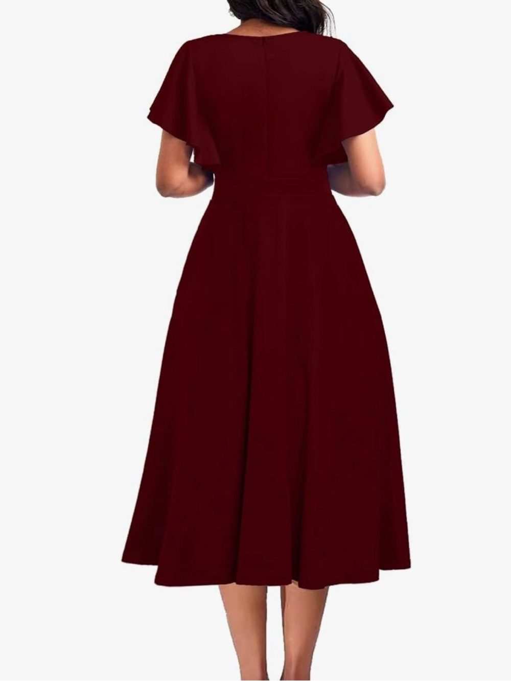 Elegant Deep Wine V-Neck A-Line Midi Dress - Picture 3 of 4